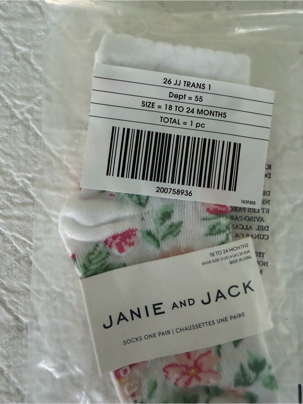 Janie and Jack 18 to 24 month girl floral socks new in package